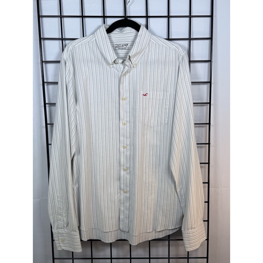 Vintage Hollister L/S Button‎ Down Shirt Mens XL Ivory Striped Hong Kong Logo